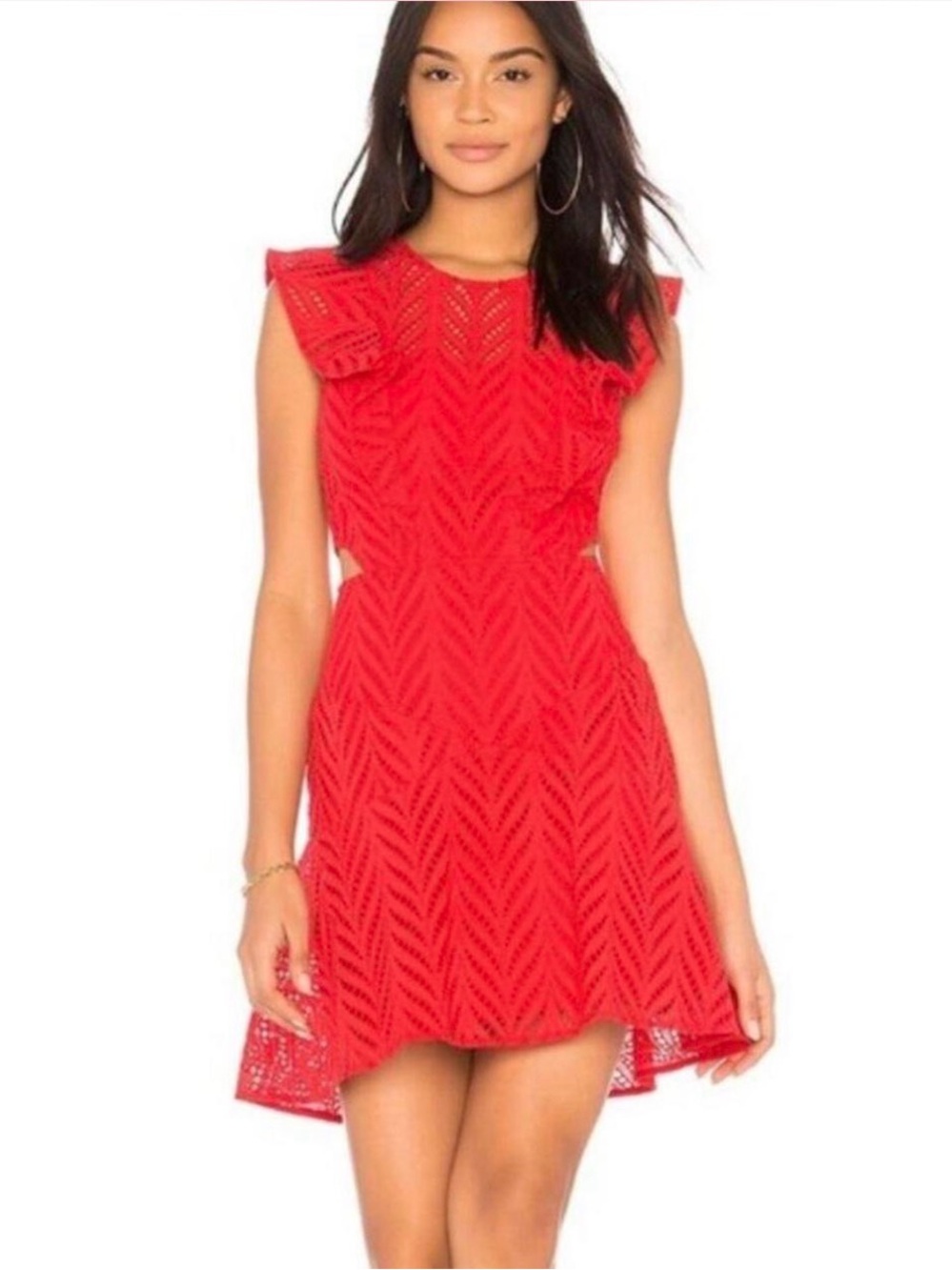 Bardot red eyelet ruffle mini dress with side cutouts, size 4, sorority rush